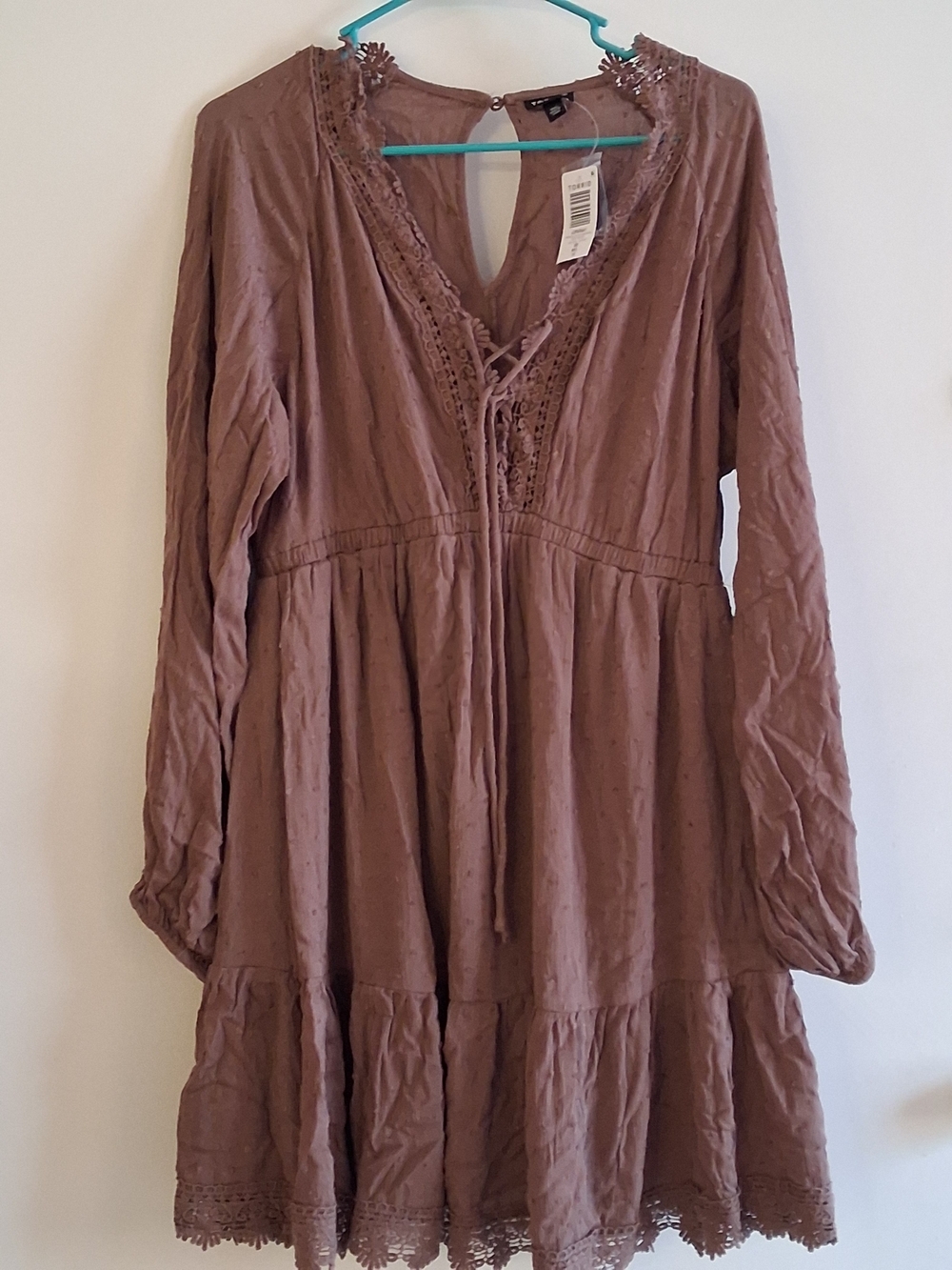 torrid Dusty Rose Lace-Trim Long Sleeve Tiered Dress